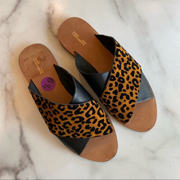 DIANE VON FURSTENBERG Baile Leopard Print Suede Cross Slide On Sandals - Picture 2 of 6
